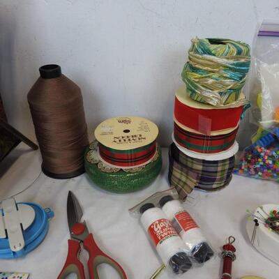 Crafting Lot: String, Ribbon, Pins, Needles, Perler Beads, Scissors, etc