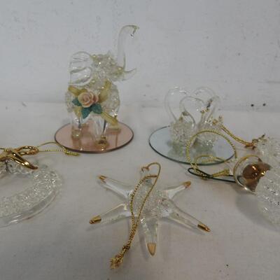 6 pc Glass Ornaments: Snowmen, Elephants, Swans, Wreath, Star, Tree