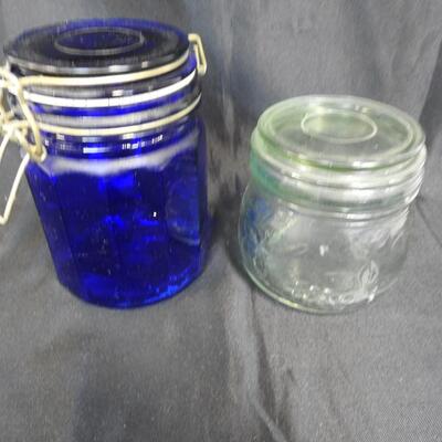 5 Glass Canister Jars w/Lids, Vintage, Kobalt Blue, Clear, Chipped Lid On Small