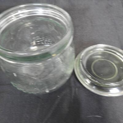 5 Glass Canister Jars w/Lids, Vintage, Kobalt Blue, Clear, Chipped Lid On Small