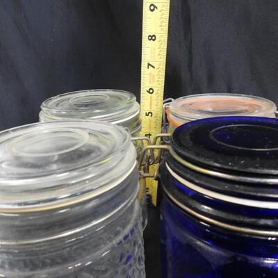 5 Glass Canister Jars w/Lids, Vintage, Kobalt Blue, Clear, Chipped Lid On Small