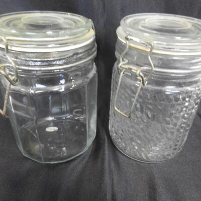 5 Glass Canister Jars w/Lids, Vintage, Kobalt Blue, Clear, Chipped Lid On Small