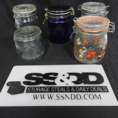 5 Glass Canister Jars w/Lids, Vintage, Kobalt Blue, Clear, Chipped Lid On Small