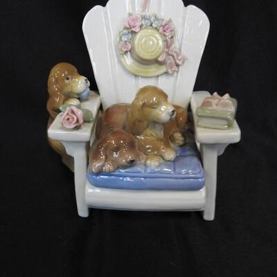 8 Dog Figurines: 1 Chair W/Dogs, 1 Candle Holder, Various Breeds/Colors