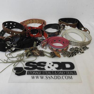 10 Women Belts, Various Sizes/Styles, Some w/Beads, Rivets, Metal Embellishments