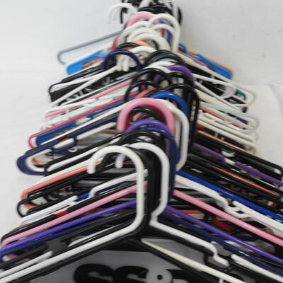 50+ Plastic Hangers, Various Colors: Black/Blue/Purple/White/Pink/Peach/Green