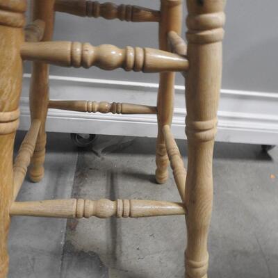 2 Solid Wood Bar Stools:  30" & 28 1/2", Needs Refinishing, See Pictures