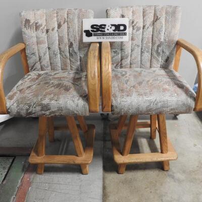 2 Solid Wood Swivel Bar Stools, Fabric Seat/Back, Each Stool Is 41" Tall