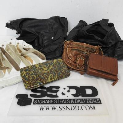 Purses: 2 Black, 1 Brown, 1 Multi-Colored, Wallets: Brown & Paisley