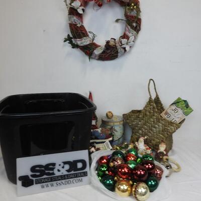Christmas Decor w/Tote, Wicker Star Basket, Wreath, Snowman, Santas, Ornaments,