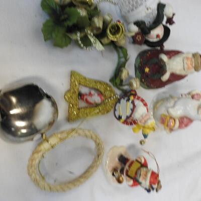 Christmas Decor w/Tote, Wicker Star Basket, Wreath, Snowman, Santas, Ornaments,
