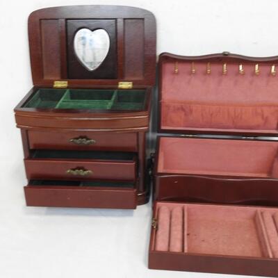 2 Jewelry Boxes: Red/Mahogany Color w/ Lining, 1 Drawer Missing Knob