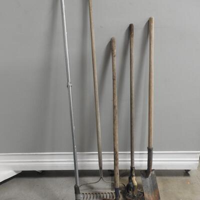 5 Yard Tools: Edger, Broom, Aerator, Rake & Spade