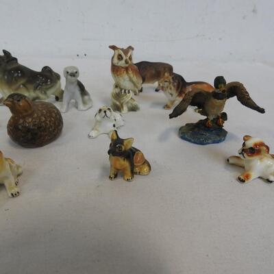 Basket Of 18 Mini Porcelain Animal Figurines: Kangaroo, Dogs, Bird, Cow, Owl
