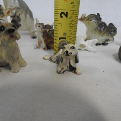 Basket Of 18 Mini Porcelain Animal Figurines: Kangaroo, Dogs, Bird, Cow, Owl