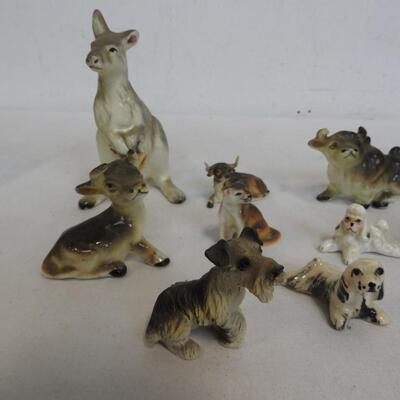 Basket Of 18 Mini Porcelain Animal Figurines: Kangaroo, Dogs, Bird, Cow, Owl