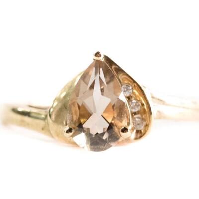 10k Yellow Gold Diamond & Smokey Quartz Ring, Size 7