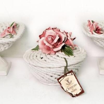 Grouping of 3 Capodimonte Ceramic Compotes & Basket w/ Lid