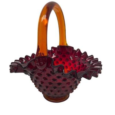 Amberina Glass Handled Ruffled Hobnail Basket