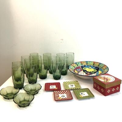 14 Green Water Glasses, 1 Colorful Bowl & More (K-JF)
