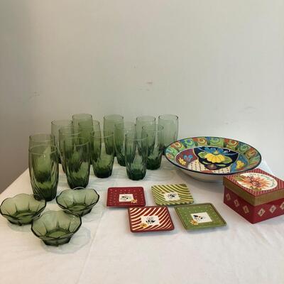 14 Green Water Glasses, 1 Colorful Bowl & More (K-JF)