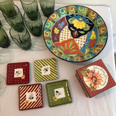 14 Green Water Glasses, 1 Colorful Bowl & More (K-JF)