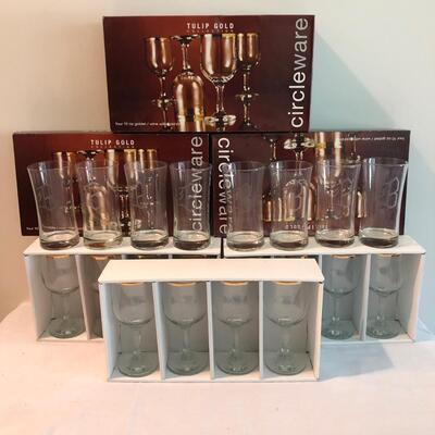 Set of 12 Gold-Rimmed Wine Glasses & Etched â€œBâ€ Glasses (K-JF)