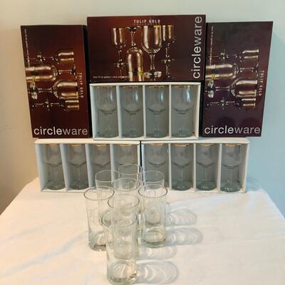 Set of 12 Gold-Rimmed Wine Glasses & Etched â€œBâ€ Glasses (K-JF)