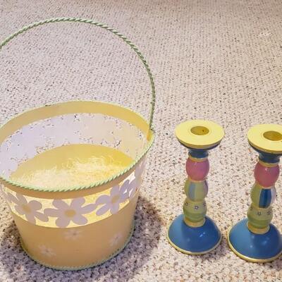 Candlesticks & metal basket
