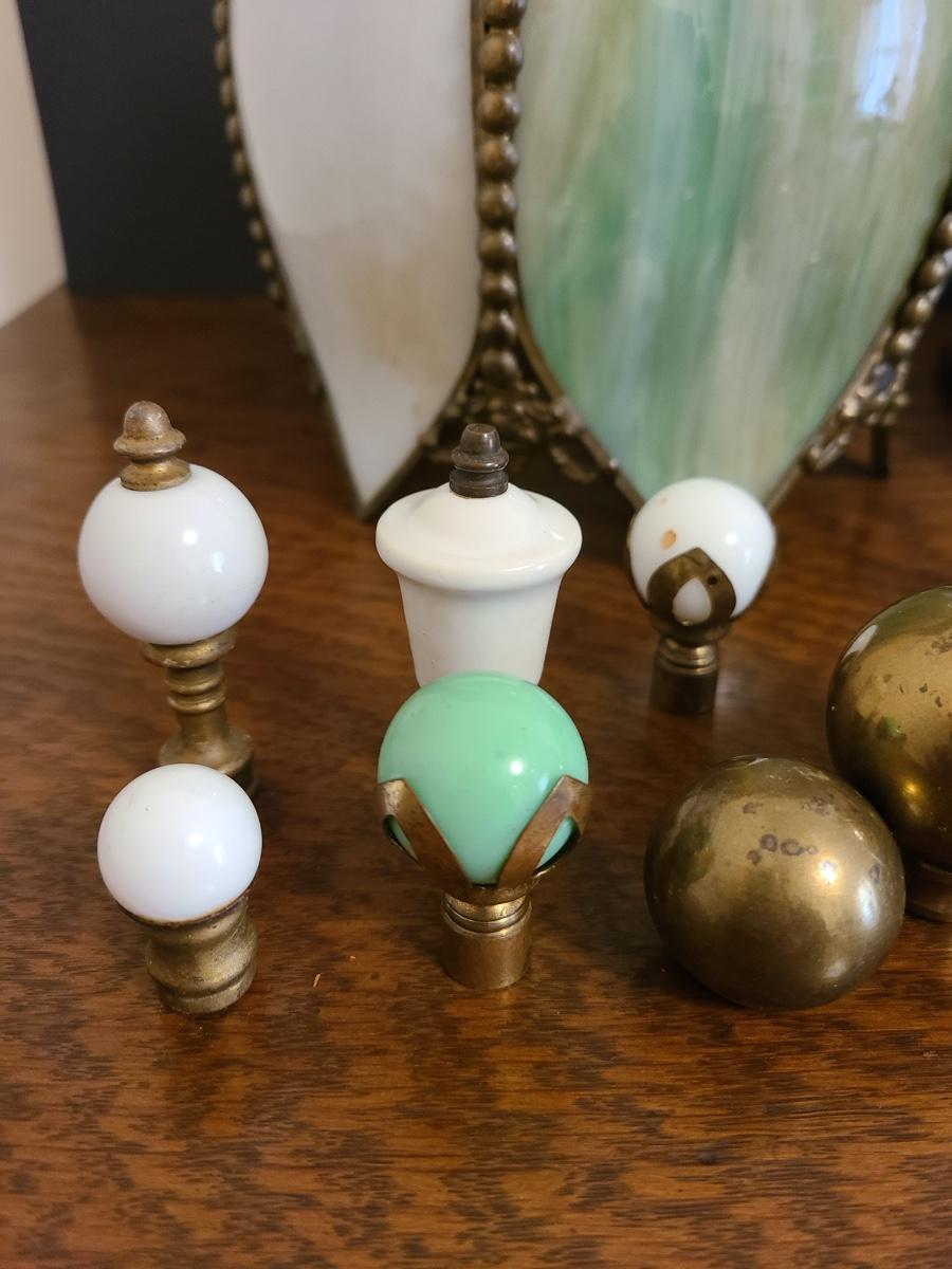 LOT 104 Vintage Lamp Parts Finials, Slag Glass Shades
