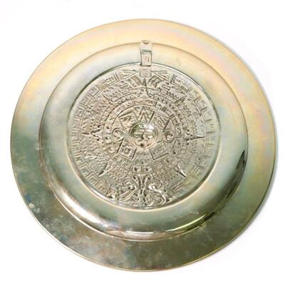 Vintage Alpaca Silver Abalone Mayan Calendar Plate
