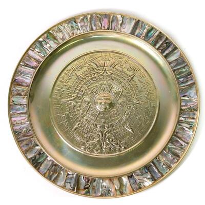 Vintage Alpaca Silver Abalone Mayan Calendar Plate
