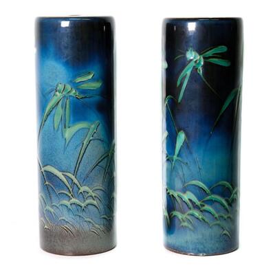 Pair of Ceramic Painted Dragon fly Motif Hat Stands or Lamp Bases