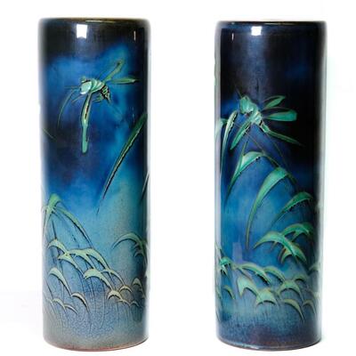 Pair of Ceramic Painted Dragon fly Motif Hat Stands or Lamp Bases