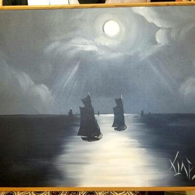 Large Signed Mid-Century Seascape and boats Painting  