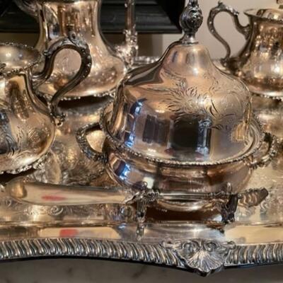 Elegant Forbes Quadruple Silver Five Piece Tea Set With Tray