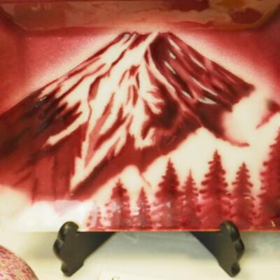 Lot 144  Asian art, Japanese enamel red Mt Fuji. Sumie painting