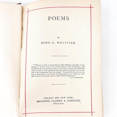 ANTIQUE â€œWHITTIERâ€™S POEMSâ€ HARDBACK BOOK
