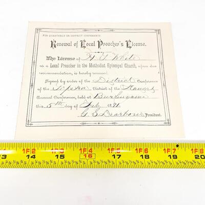 1891 PREACHER LICENSE RENEWAL PAPER - H. G. WHITE, TOPEKA KS, METHODIST EPISCOPAL CHURCH