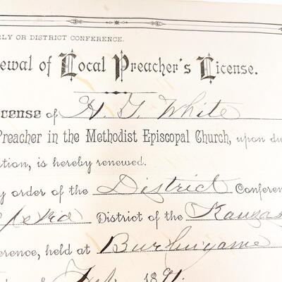 1891 PREACHER LICENSE RENEWAL PAPER - H. G. WHITE, TOPEKA KS, METHODIST EPISCOPAL CHURCH