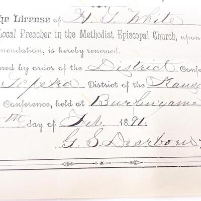 1891 PREACHER LICENSE RENEWAL PAPER - H. G. WHITE, TOPEKA KS, METHODIST EPISCOPAL CHURCH