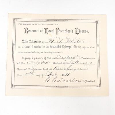 1891 PREACHER LICENSE RENEWAL PAPER - H. G. WHITE, TOPEKA KS, METHODIST EPISCOPAL CHURCH
