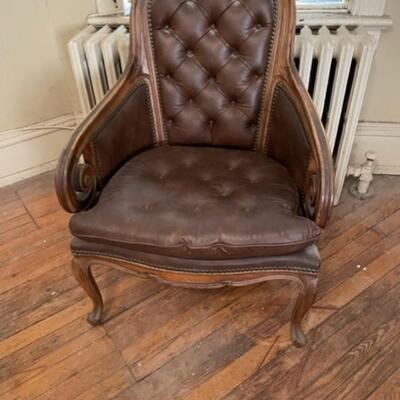 Spacious Vintage Brown Leather and Wood Wing Chair - jb11288