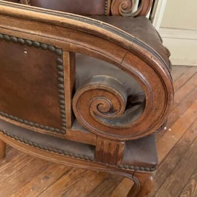 Spacious Vintage Brown Leather and Wood Wing Chair - jb11288