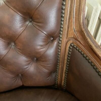 Spacious Vintage Brown Leather and Wood Wing Chair - jb11288