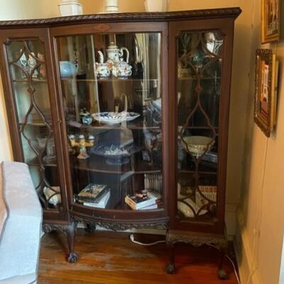 Antique Curio Cabinet With Curved Center Glass Door and Claw Feet - JB11253