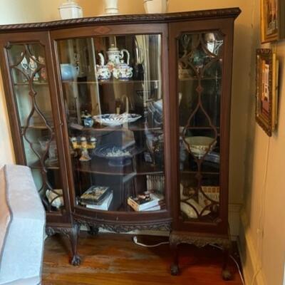 Antique Curio Cabinet With Curved Center Glass Door and Claw Feet - JB11253
