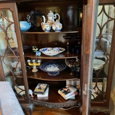 Antique Curio Cabinet With Curved Center Glass Door and Claw Feet - JB11253