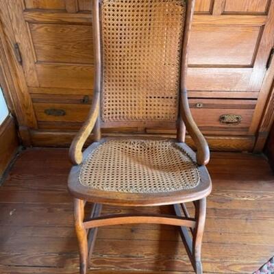 Antique Wooden Rocking Chair With Wicker Back And Seat - jb11281