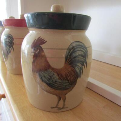 Set of Three Chicken Theme Ceramic Canisters with Lids